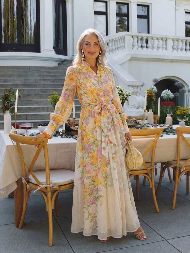 Cressida | Florale, transparante Maxikleed met lange mouwen