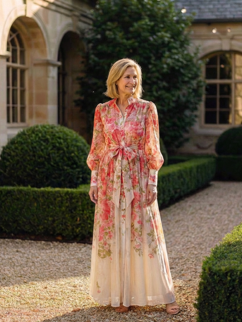 Cressida | Florale, transparante Maxikleed met lange mouwen