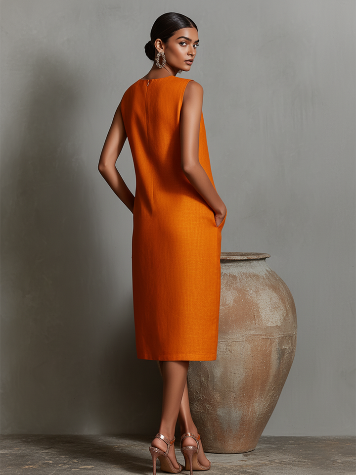 Dames Oranje Linnen Shift Jurk Met Mouwloze Ronde Hals & Zakken Aan De Zijkant, Tijdloze Minimalistisch-Elegante Stijl Jurk MDZ2851C7I