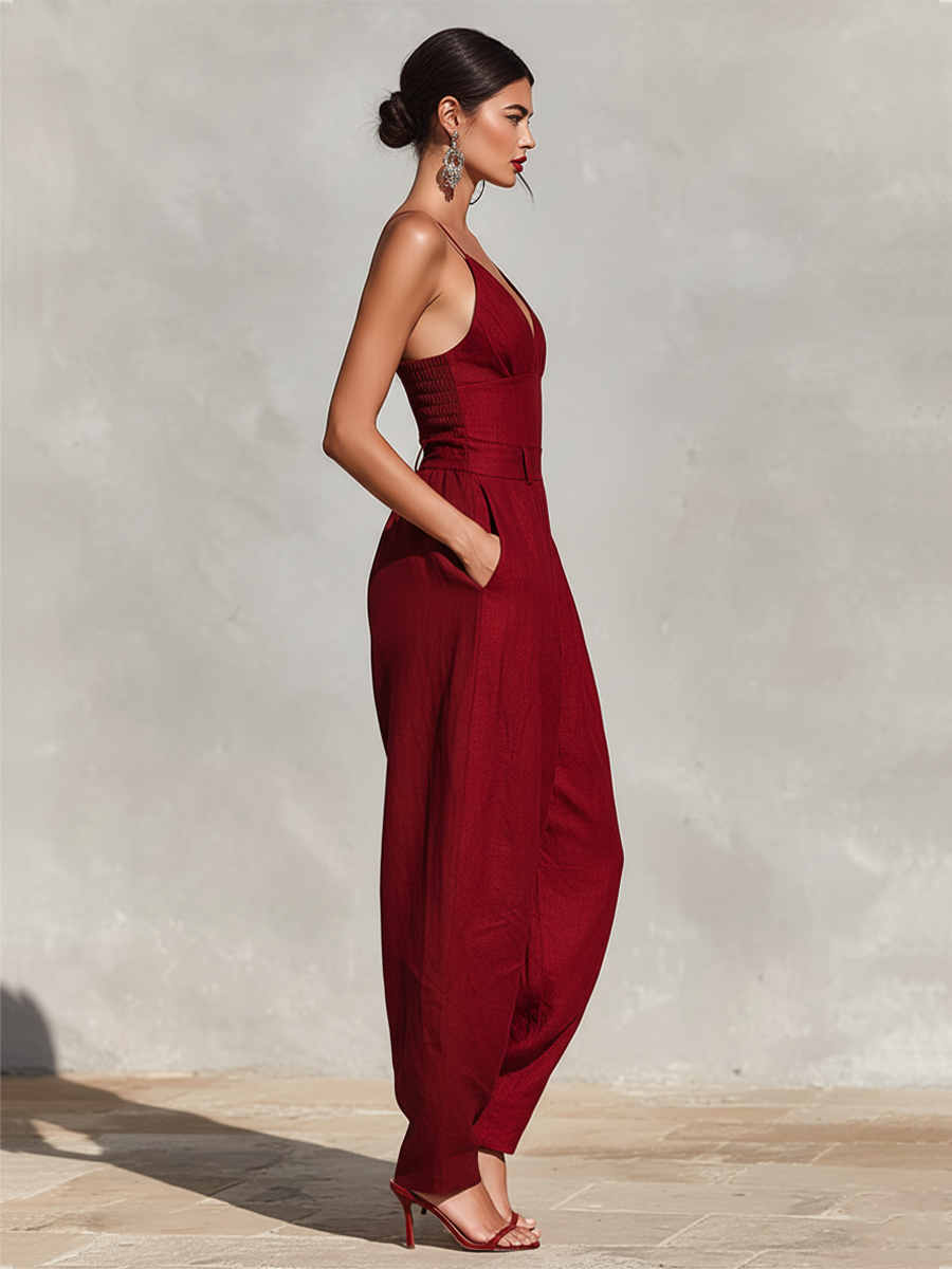 Dames Rode Linnen Jumpsuit Met Spaghetti Bandjes & Hoge Taille Plissé Broek, Tijdloze Romantisch-Elegante Stijl Jumpsuit MDZ1915C8I