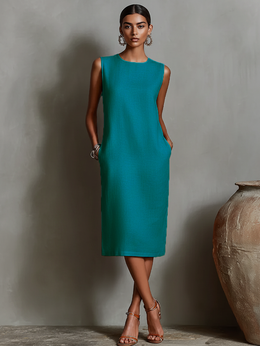 Dames Oranje Linnen Shift Jurk Met Mouwloze Ronde Hals & Zakken Aan De Zijkant, Tijdloze Minimalistisch-Elegante Stijl Jurk MDZ2851C7I